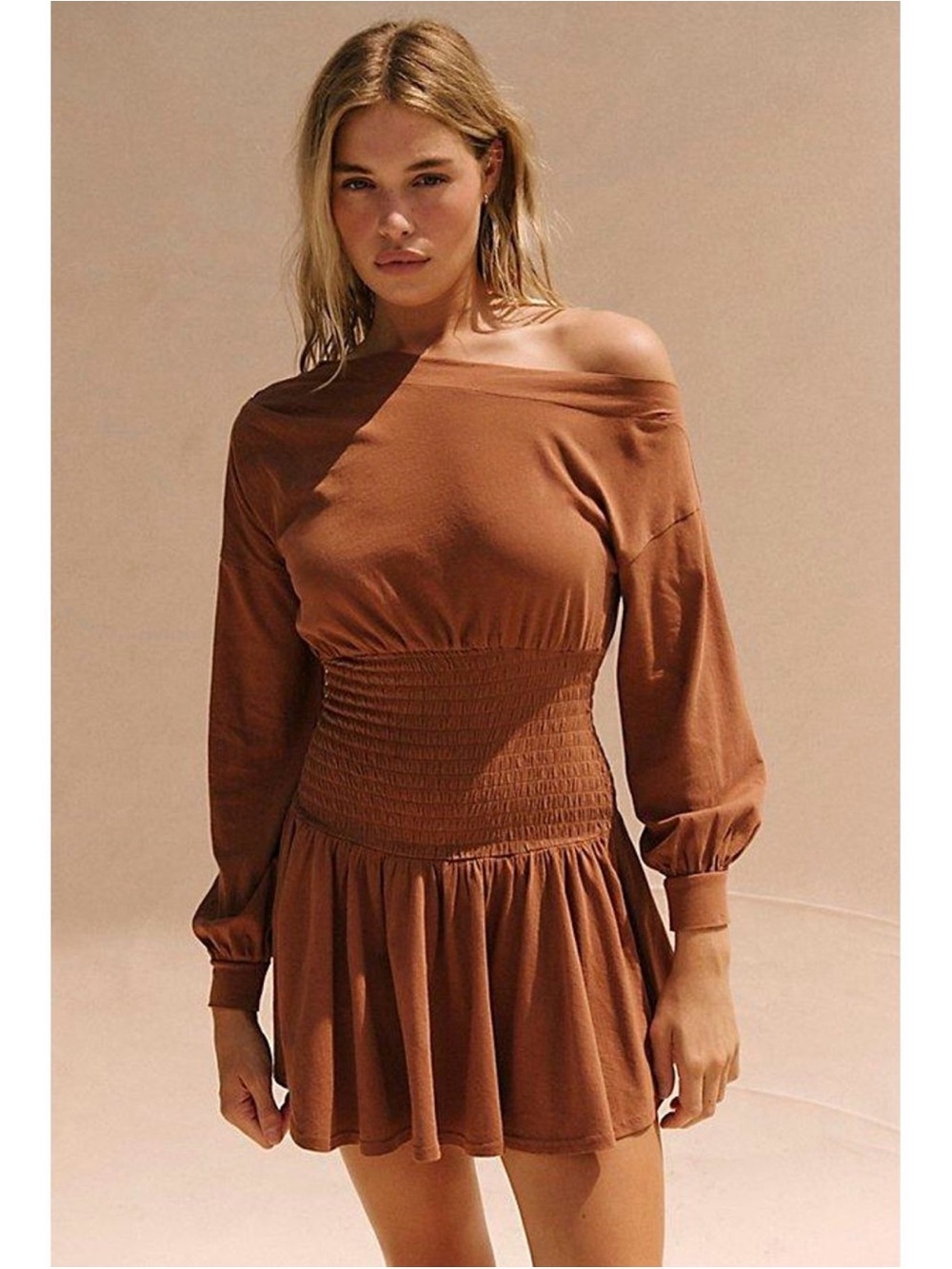 Free People Cocoa Brown Off-Shoulder Smocked Mini Dress